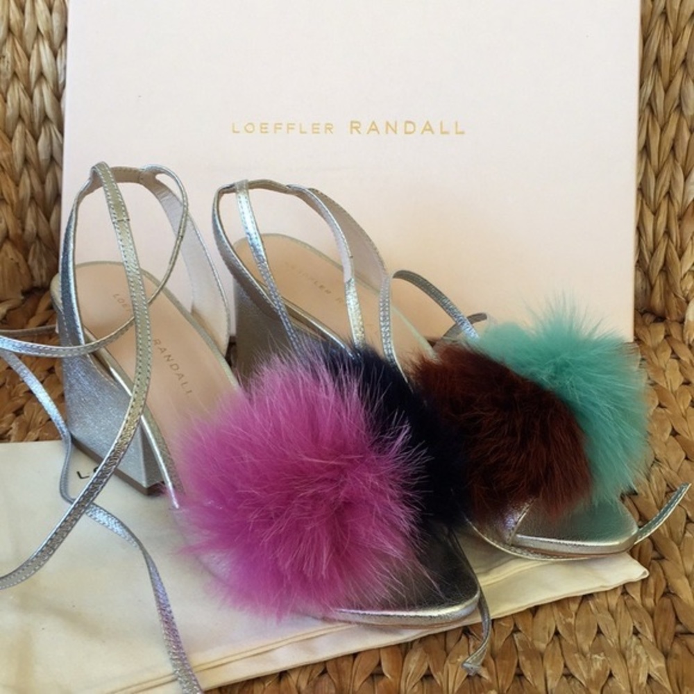 $495 NEW Loeffler Randall Nicky fur pom pom fur silver leather chunky heel 7 7.5 - Picture 3 of 10